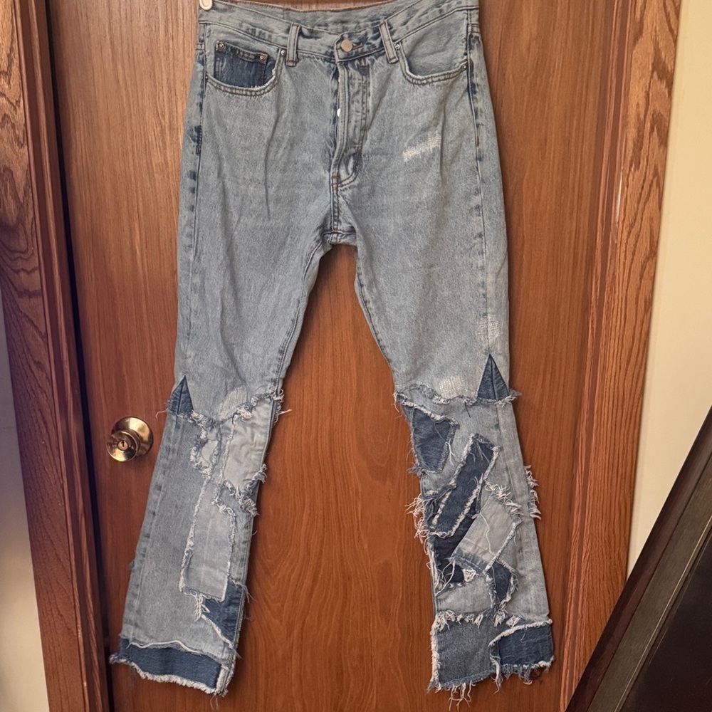 Mnml Distressed Patchwork Bootcut Jeans - Light B… - image 1